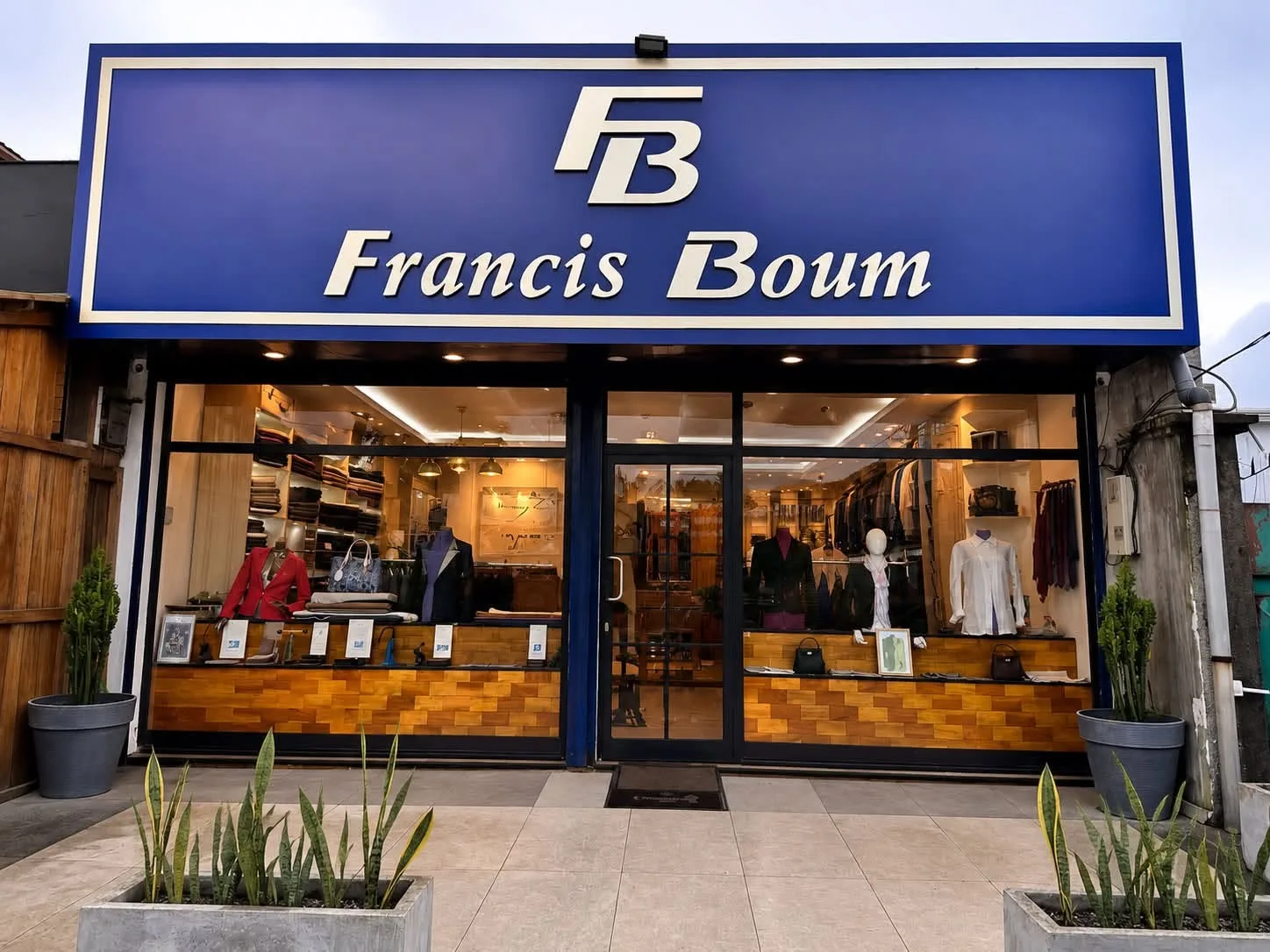 La façade bleu roi de la boutique Francis Boum et ses vitrines illuminées